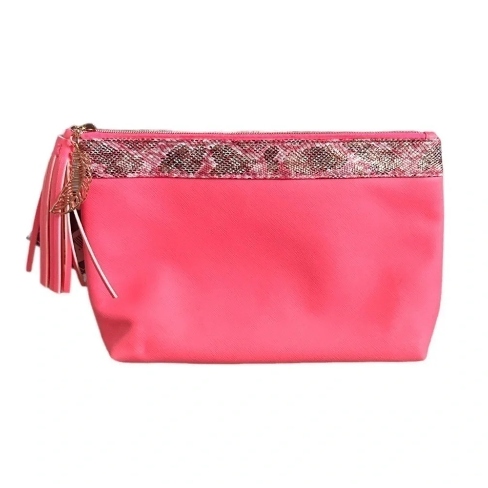 🌺 Ulta Hot Pink Rose Gold Feather Tassel Cosmetic Bag NWT